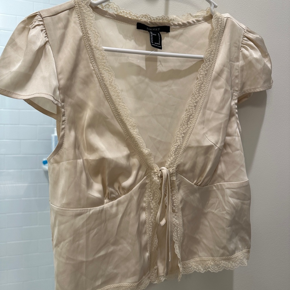 Forever 21 Cream Lace Trim Blouse